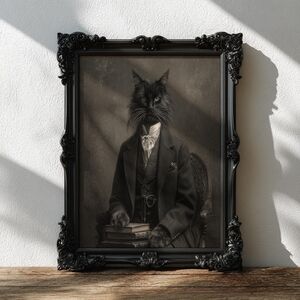 Victorian Black Cat Portrait Wall Art, Dark Gothic Wall Art, Gothic Gentleman